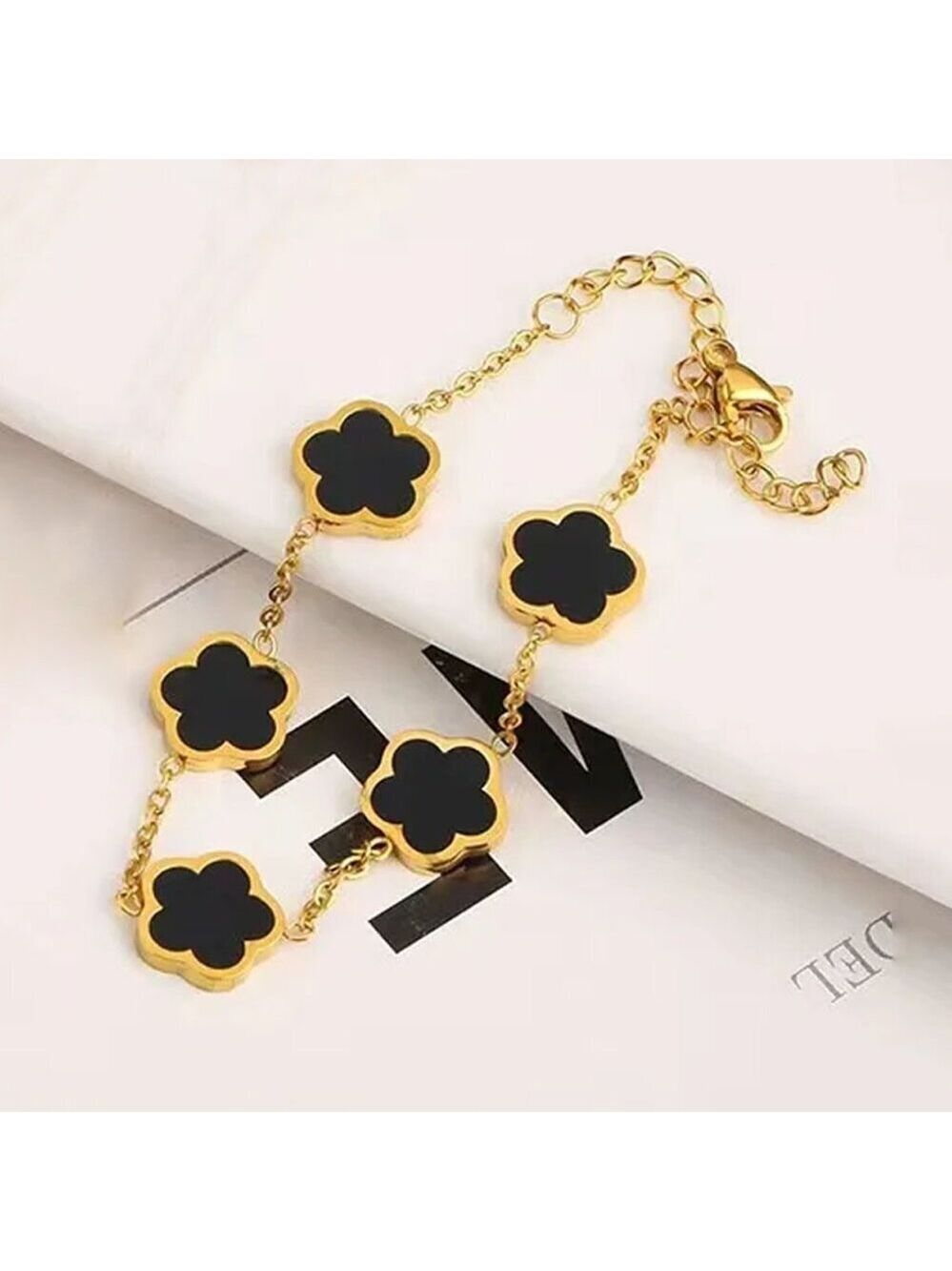 18K Gold Plated Clover Bracelet with Black Enamel